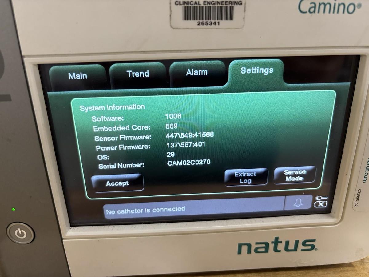 Used Natus Camino Integra CAM02 ICP Monitor, CAMCABL, And MONPWR ac Power Adapter
