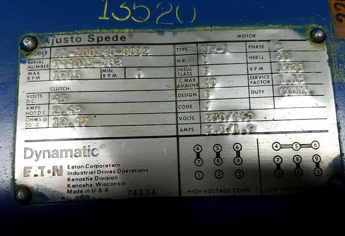 Refurbished DYNAMATIC / EATON A1-100140-0012 1 HP TYPE NP-1 3-PHASE 1725 RPM AC MOTOR