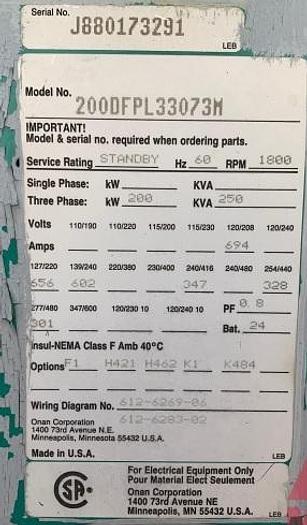 Used 1988 Cummins 200Kw 200DFPL33073M