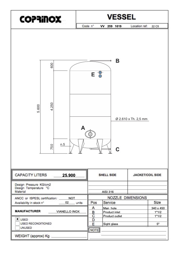 Used Serbatoio verticale 25.900 litri in acciaio inox AISI316