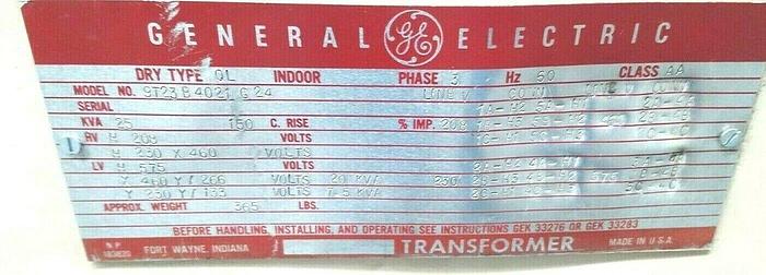 Used GE Transformer 3 Phase Dry Transformer 25 KVA 480 Primary 208 Secondary Tested!