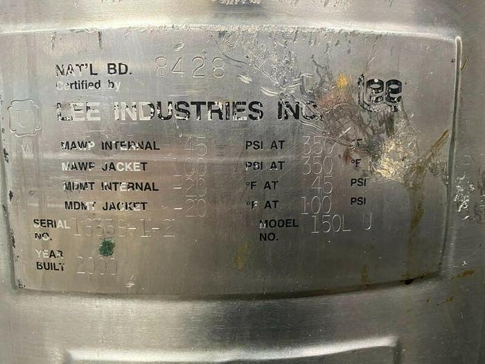 Used LEE 150 Liter Stainless Steel Jacketed 45 PSI Reactor w/ Sight Glass & Valves