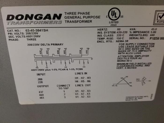 Used Dongan 63-45-38415H 45KVA Transformer