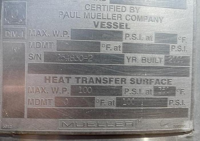 Used Mueller 300 Gallon Stainless Steel Jacketed Mixing Kettle with Sweep Agitation