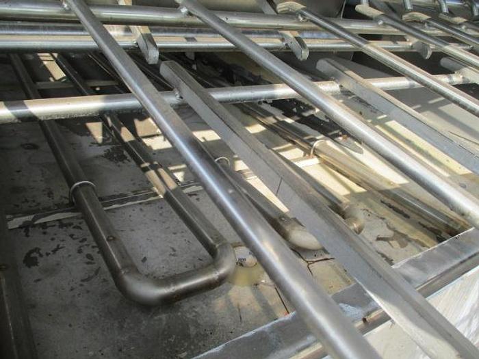 Used STEAM FIRED BLANCHER, 48" W X 16' LONG, TRIPLE PASS, OVERHEAD FRAMEWORK FOR HOISTING CANOPY, ALL STAINLESS STEEL M2003M