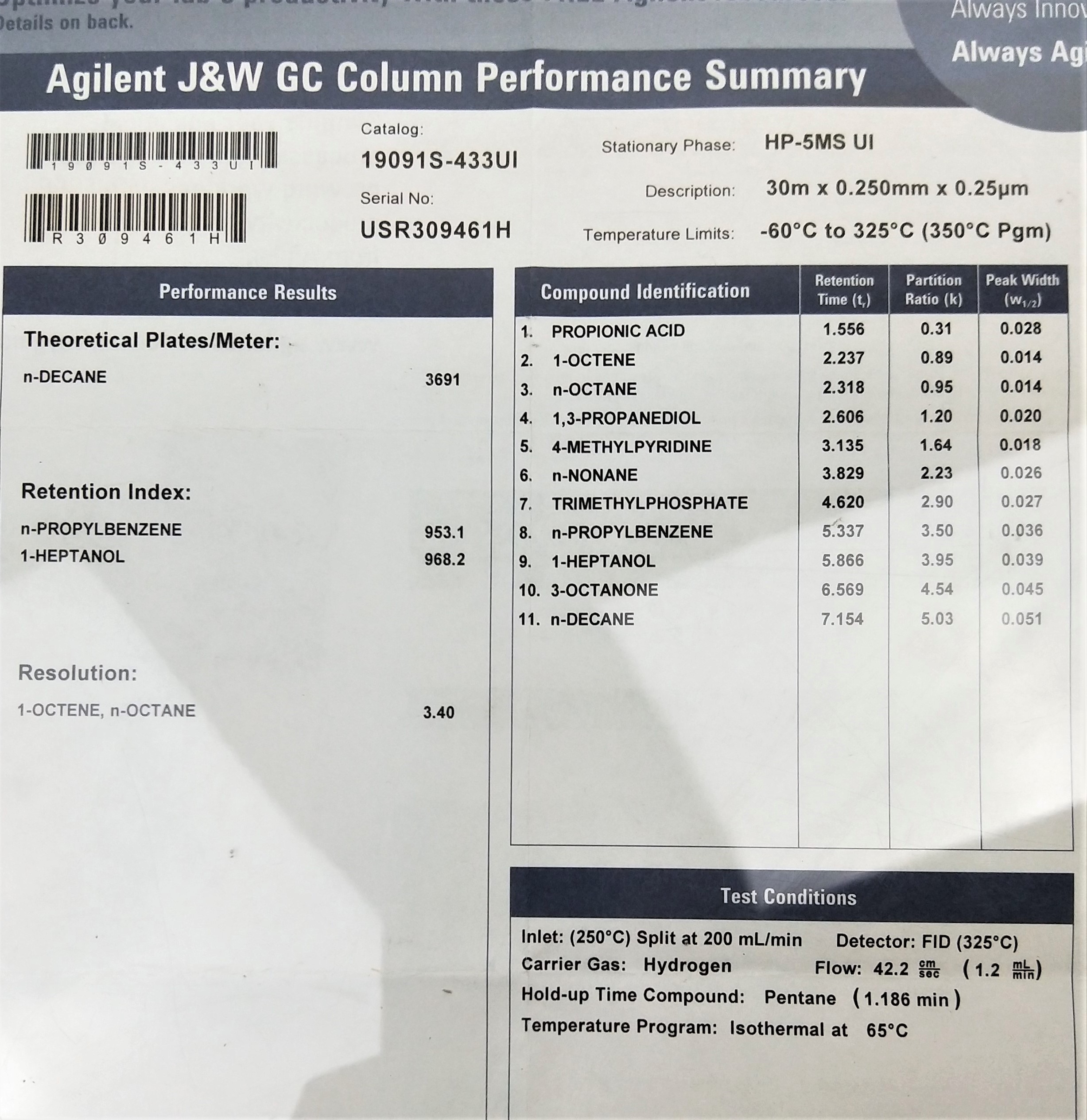 New Open Box Agilent HP-5MS UI (19091S-433UI) Capillary Column - 30M x 0.25mm x 0.25µm