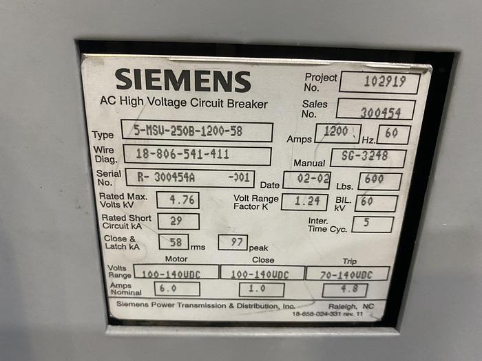 Used SIEMENS HIGH VOLTAGE CIRCUIT BREAKER 5-MSV-250C-1200-58 (FOUR AVAILABLE)