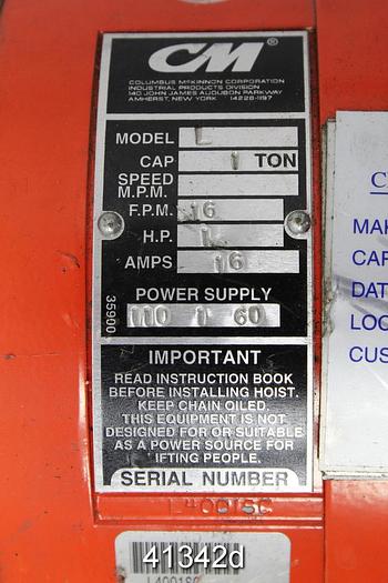 Used Columbus Mckinnon Model L Crane, Cap 1 Ton #41342