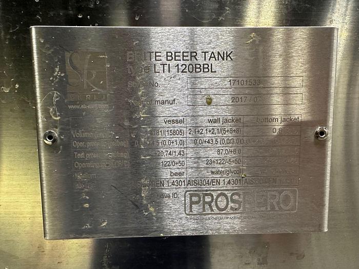 Used (2) Available - Prospero 120 bbl Jacketed Brite Tank