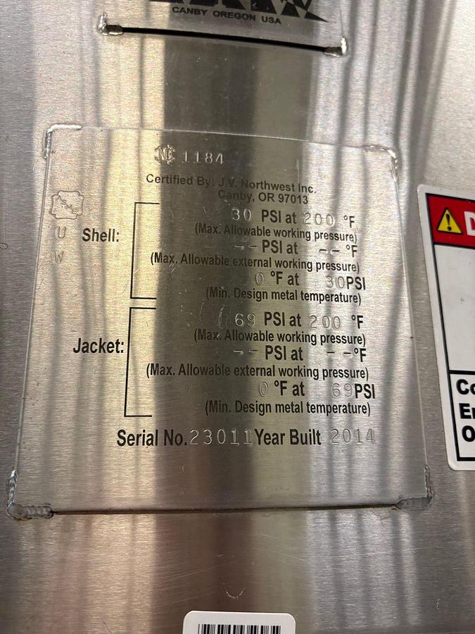 Used (2) Available - Used JV Northwest 20 bbl / 620 Gallon Jacketed Unitank fermenter