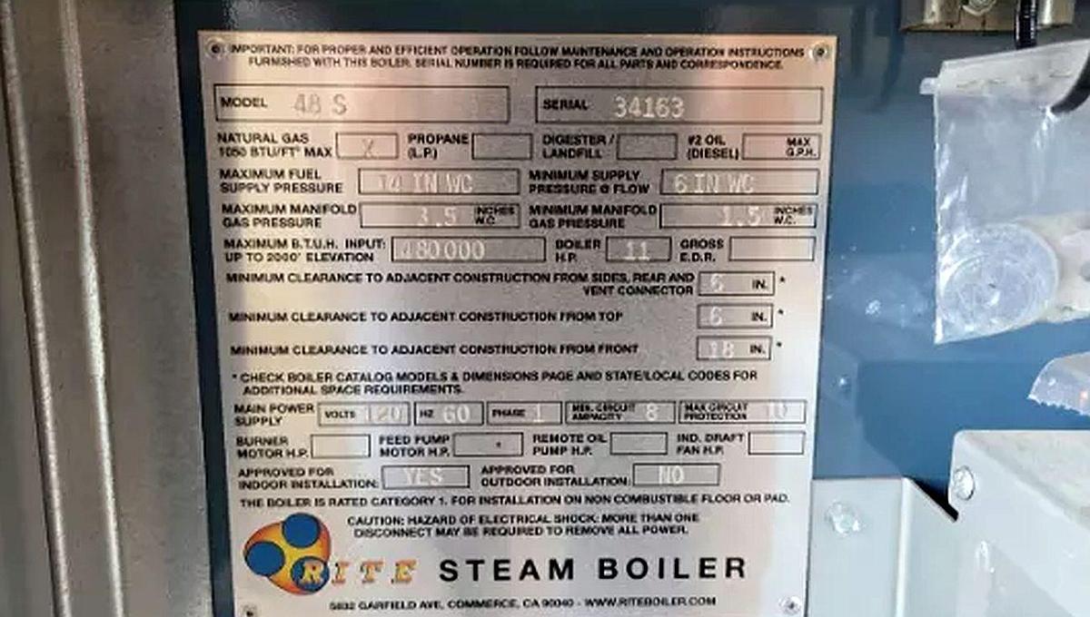Used 2022 Rite Engineering Low Pressure Boiler 48 S