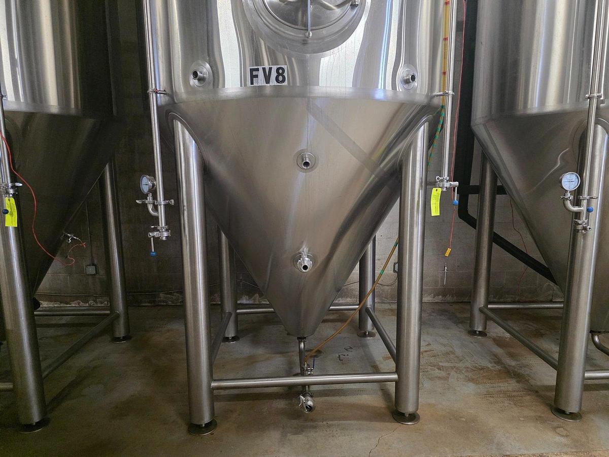 Used (4) Available - Used Deutsche Bevg 60 bbl / 1860 Gallon conical jacketed fermenter storage tanks