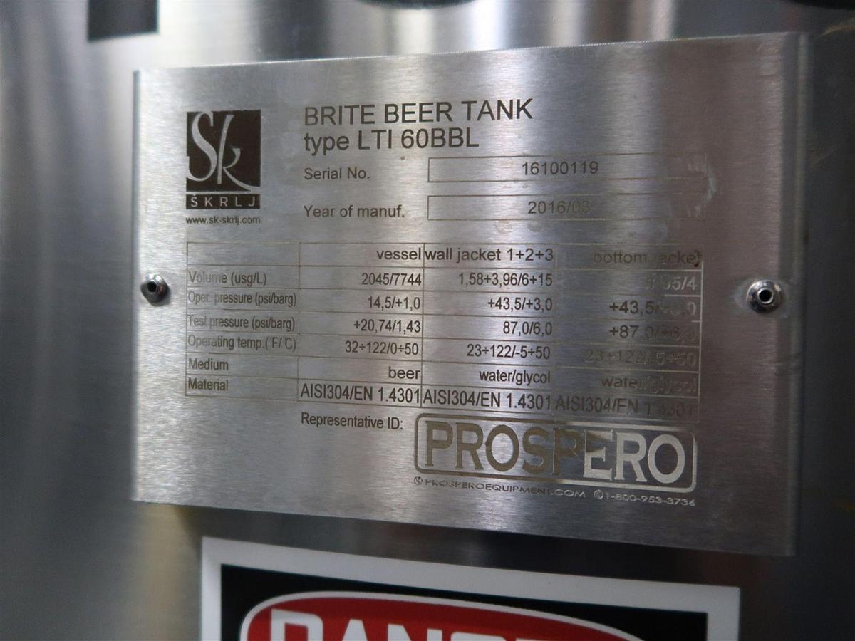 Used (1) Available - Used Prospero SK 60 bbl / 1860Gal jacketed brite tank / storage tank