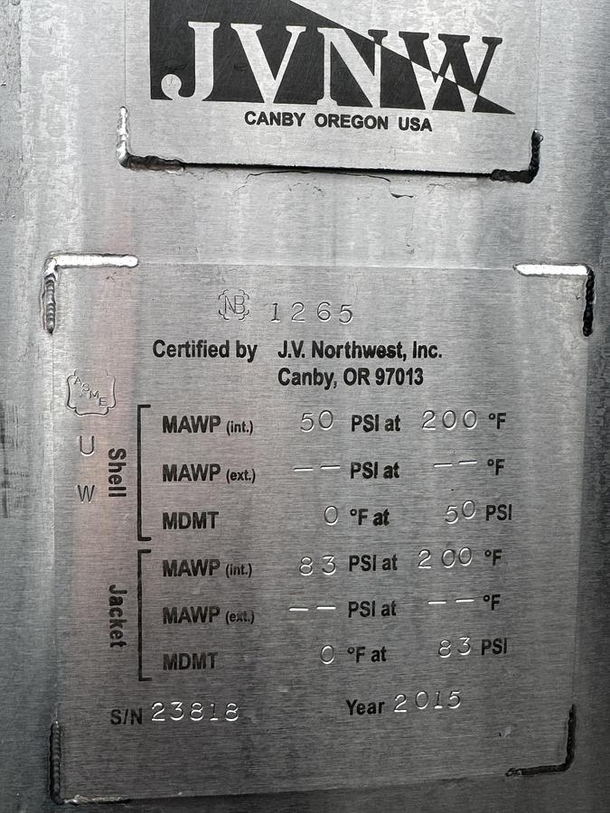 Used Used JVNW 40 / 1230 Gal Jacketed High Pressure Brite Tank