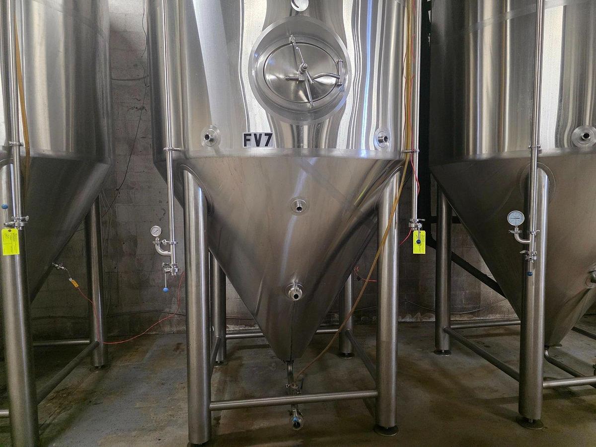 Used (4) Available - Used Deutsche Bevg 60 bbl / 1860 Gallon conical jacketed fermenter storage tanks