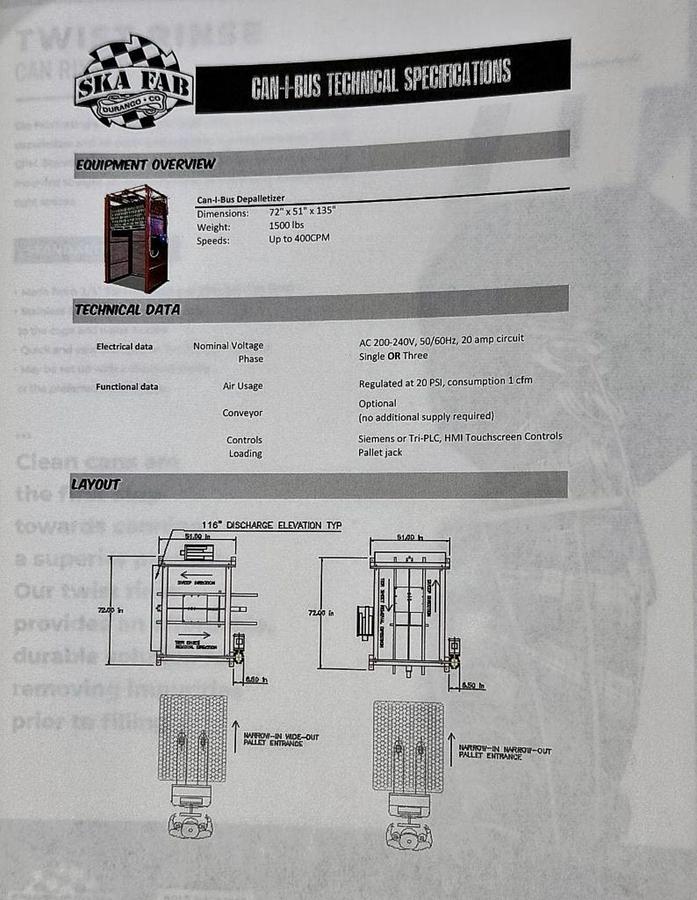 Used SKA Can-I-Bus Half Height can depalletizer