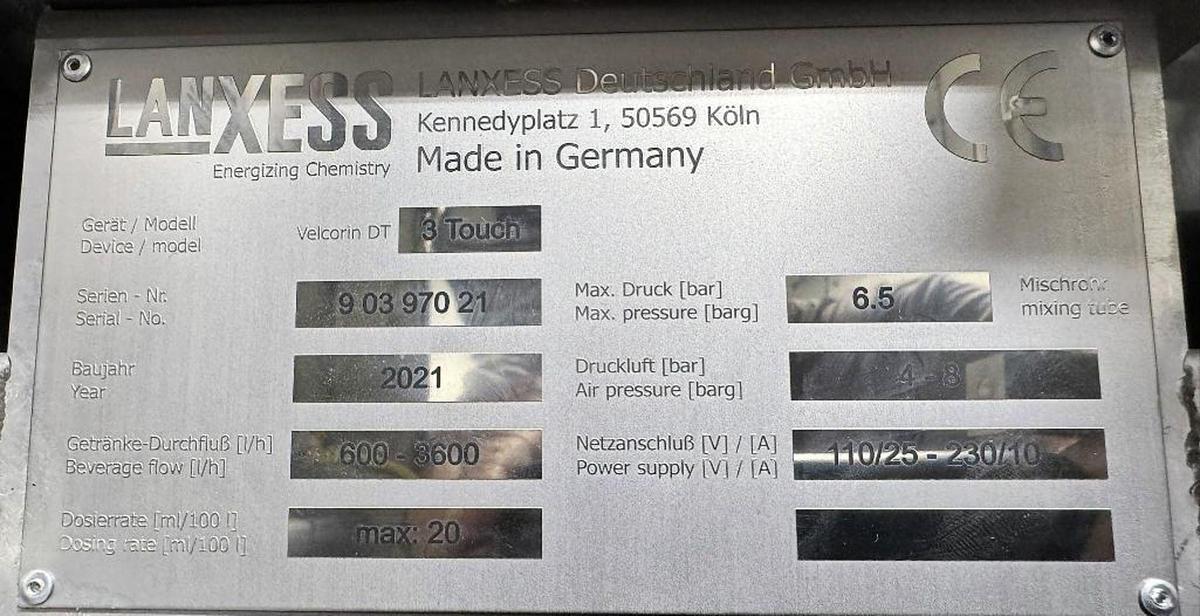 Used Used Lanxess Velcorin DT3 Touch Dosing Machine - 2021