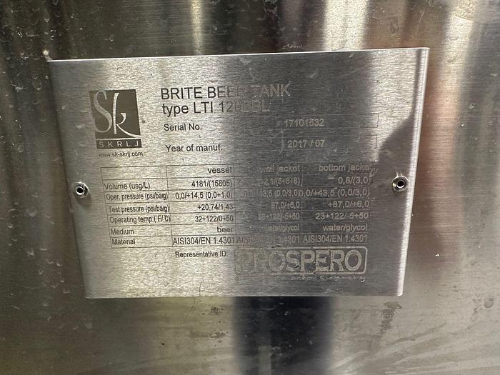 Used (2) Available - Prospero 120 bbl Jacketed Brite Tank
