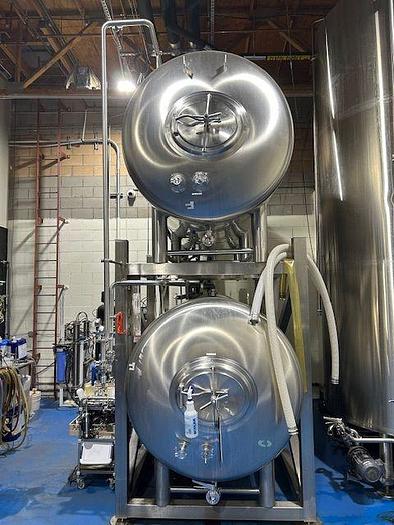 Used (2) available - Used 30 bbl / 930 Gal Jacketed lagering tanks - Stacked set- Sold as a pair