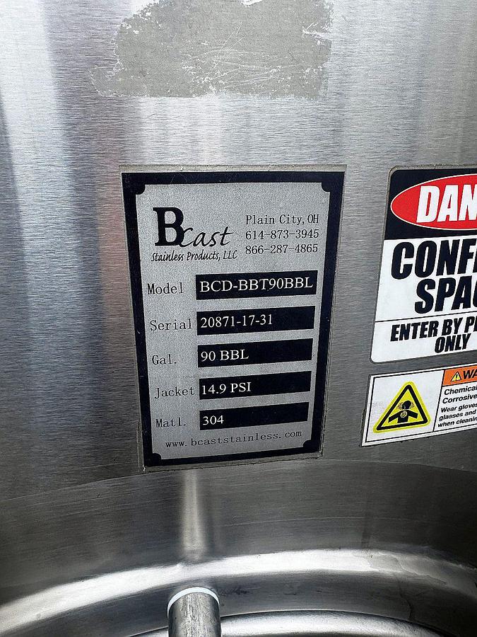 Used (1) Available - Used 90 bbl / 2790 Gallon Jacketed Brite / Storage Tank