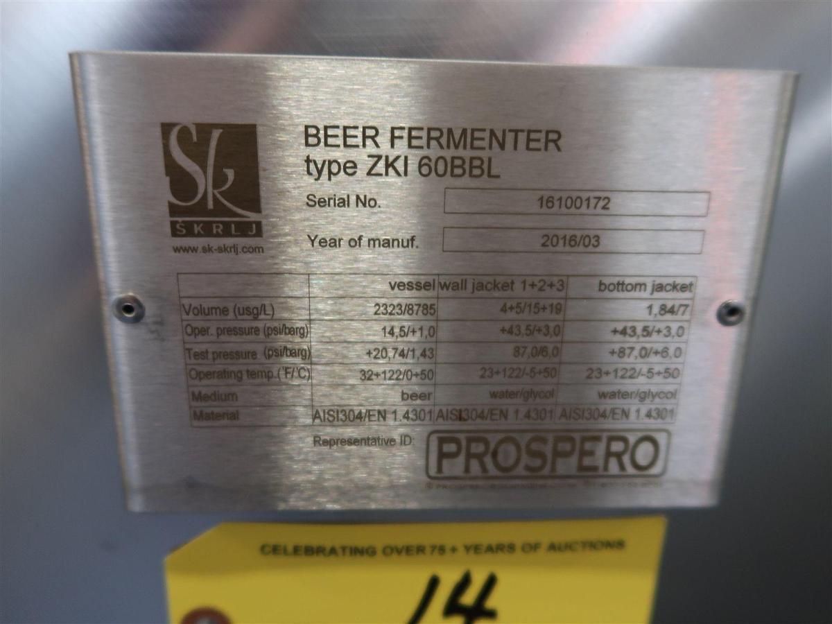 Used (3) Available  - Prospero SK 60 bbl / 1860Gal conical jacketed fermenter / storage tank