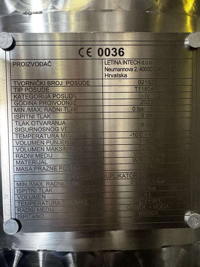 Used Letina T1180L / 312Gal Hich Pressure Sparkling Tank