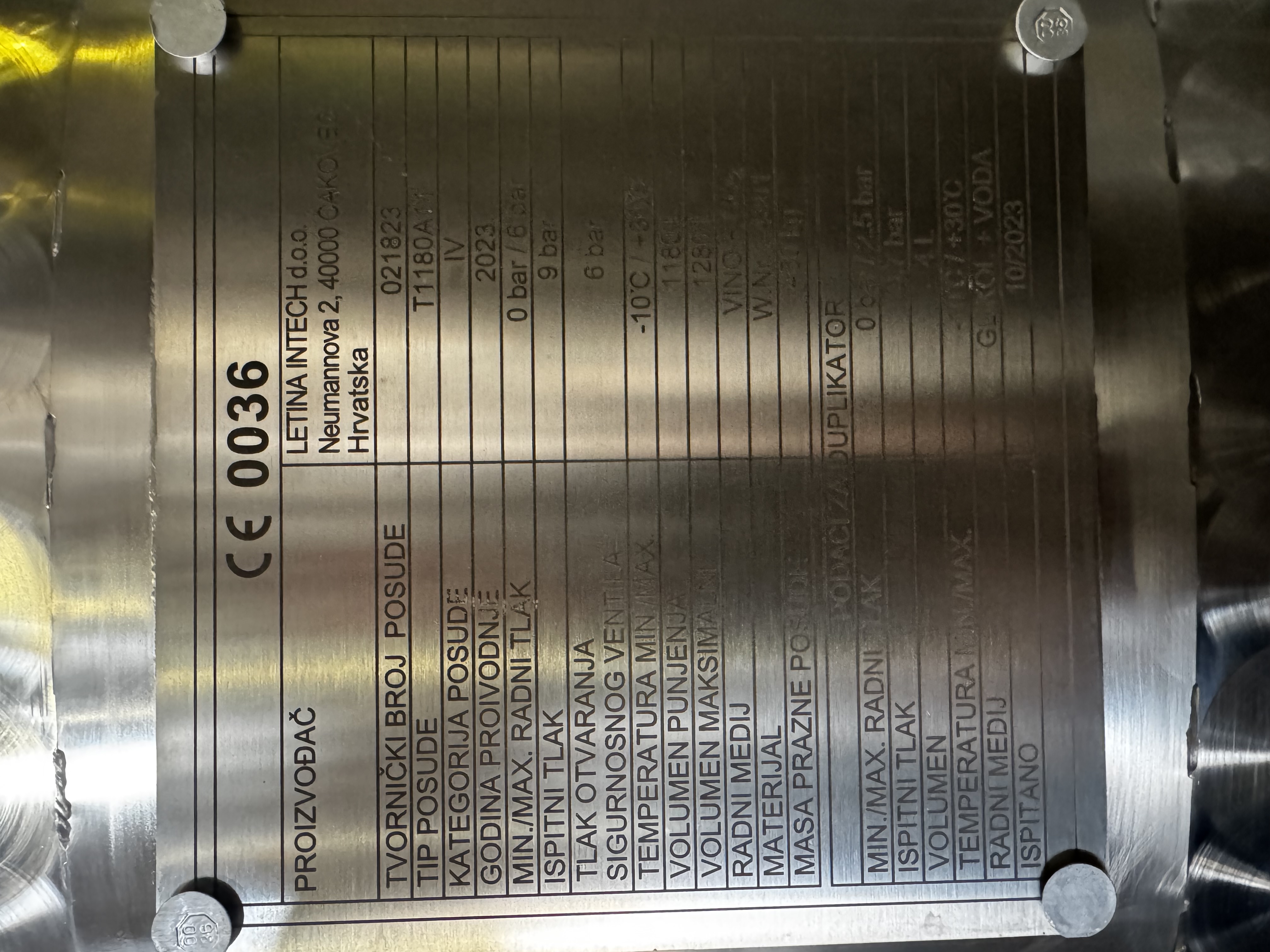 Used Letina T1180L / 312Gal Hich Pressure Sparkling Tank