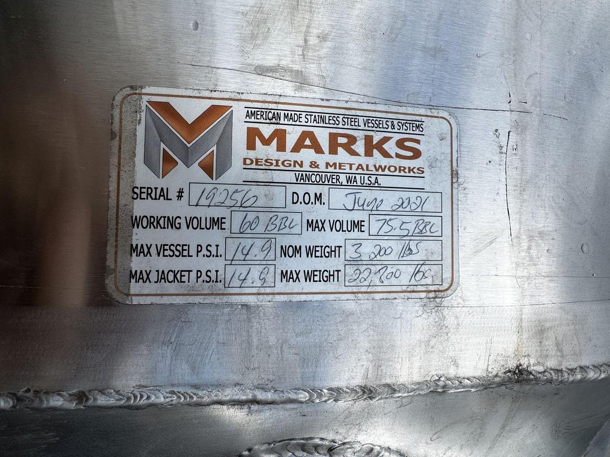 Used (1) Available - Used Marks Fabrication 60 bbl / 1860 Gal Jacketed Brite Tanks