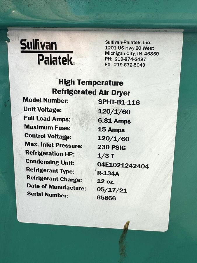 Used Used Sullivan Palatek M-10 Air Compressor with Sullivan Palatek High Temp Air Dryer