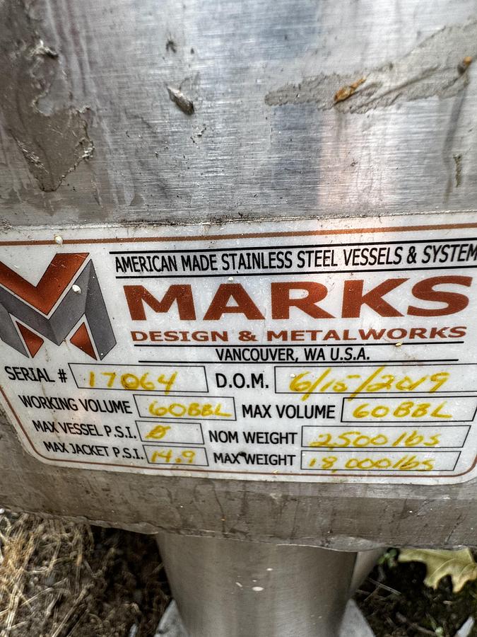 Used (1) Available - Used Marks Fabrication 60 bbl / 1860Gal jacketed hot liquor tank / storage tank