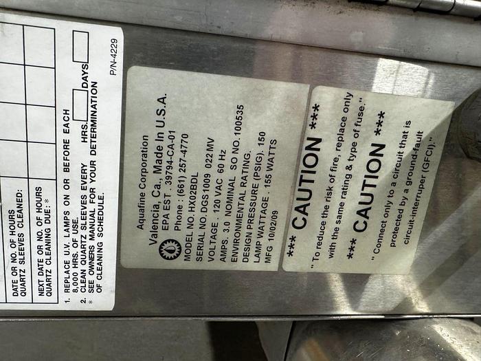 Used Lot of (4) Aquafine Ultraviolet Water Disinfection Units