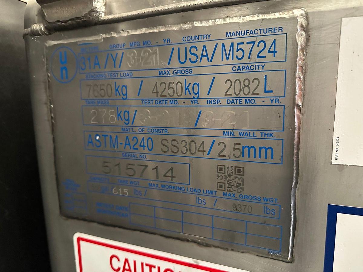 Used (2) Available - Used Snyder Liquitote 550 Gallon Stainless Storage Tank