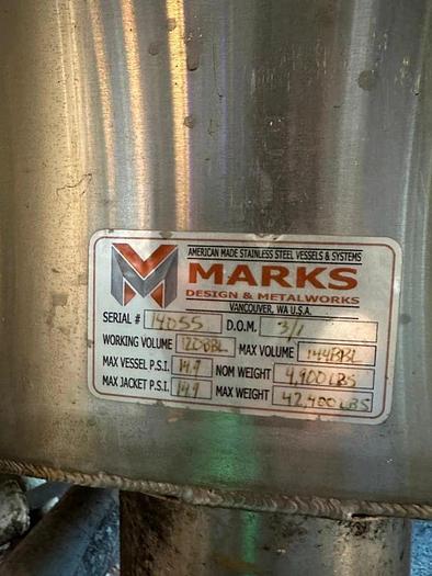 Used Used Marks Fabrication 120bbl / 3720 Gallon jacketed brite tank