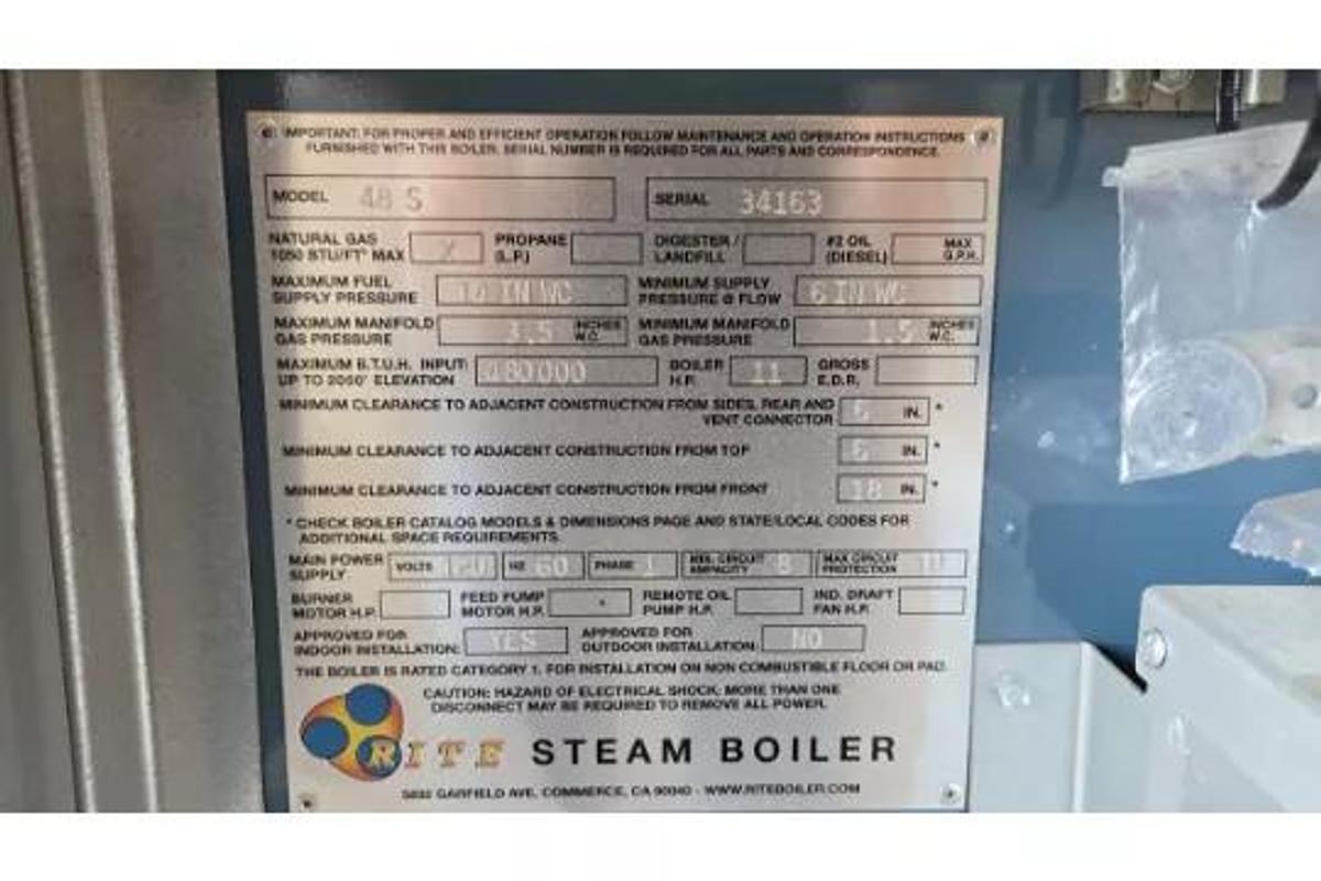 Used 2022 Rite Engineering Low Pressure Boiler 48 S