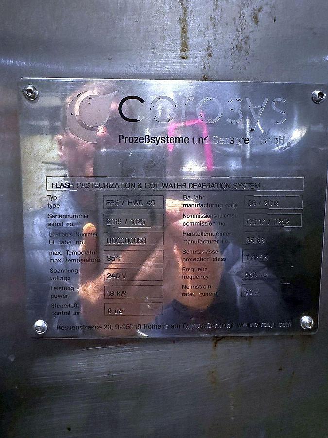 Used 2019 COROSYS FPS/HWD 45 HOT WATER DEAERATION & FLASH PASTRURIZATION SYSTEM