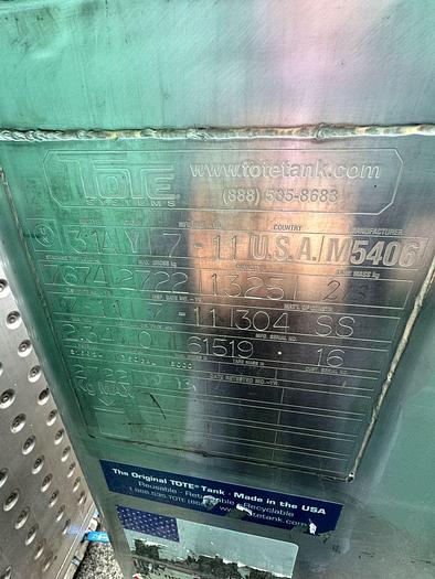 Used (1) available 1325L/350G transtore Tote Tank - Jacketed