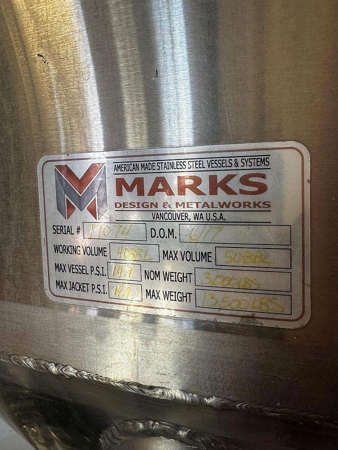Used 2 available - Used Marks Fabrication 40 bbl / 1240Gal Jacketed Conical Fermenters