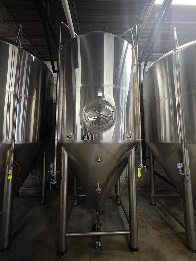 Used (4) Available - Used Deutsche Bevg 60 bbl / 1860 Gallon conical jacketed fermenter storage tanks