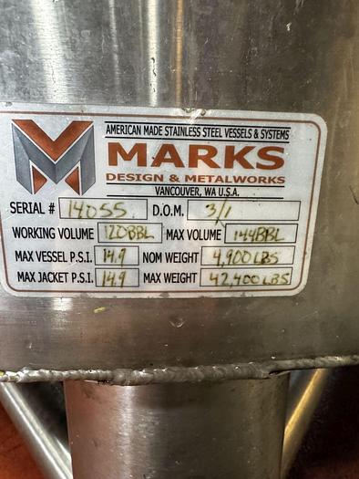 Used Used Marks Fabrication 120bbl / 3720 Gallon jacketed brite tank