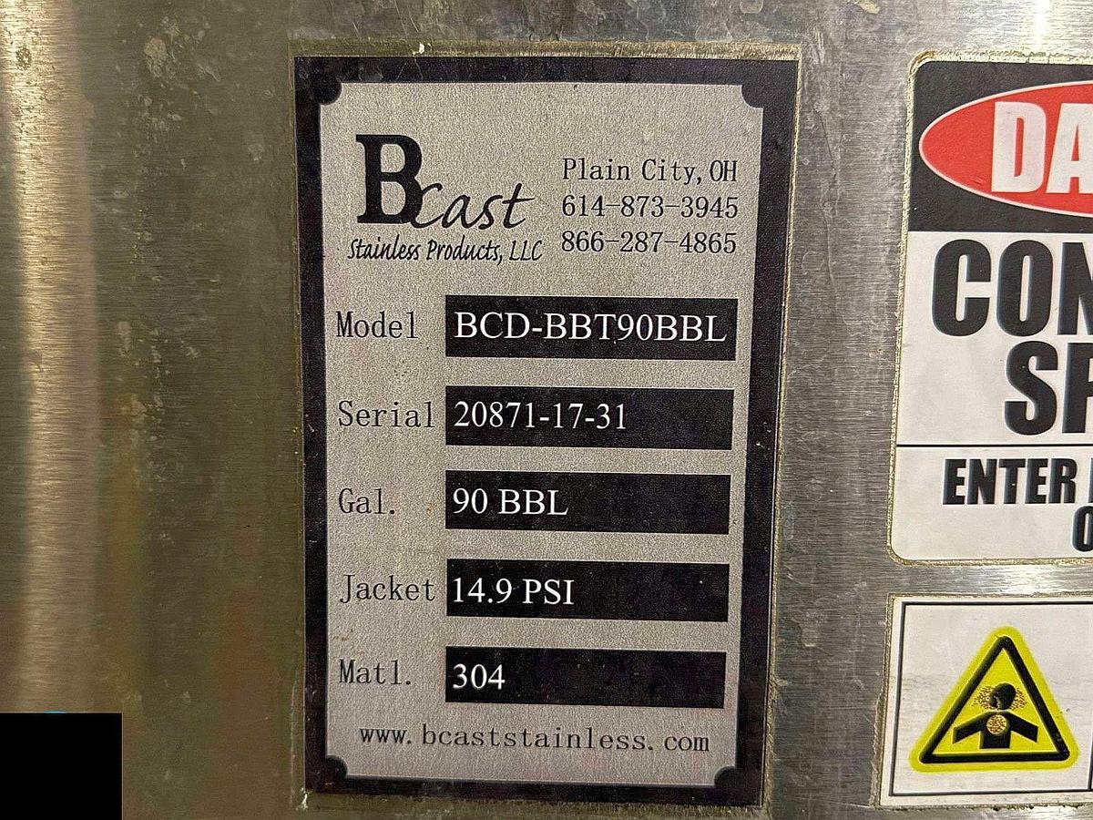 Used (1) Available - Used 90 bbl / 2790 Gallon Jacketed Brite / Storage Tank