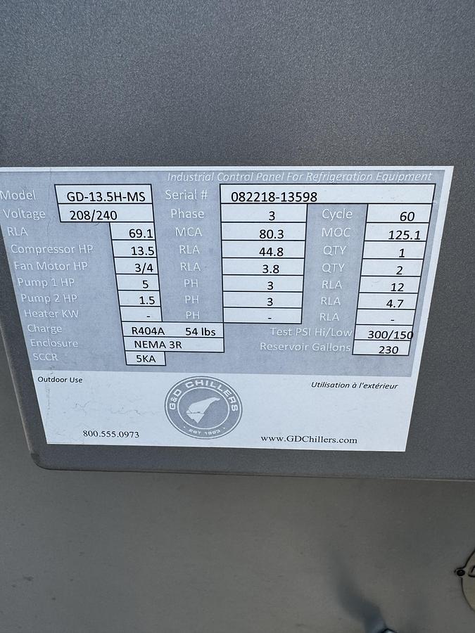 Used G&D GLYCOL CHILLER, MODEL GD13.5H-MS