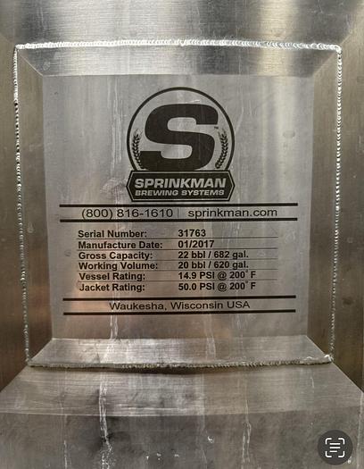 Used Used Sprinkman Brewing 20 bbl / 620 Gal Jacketed Brite Tank