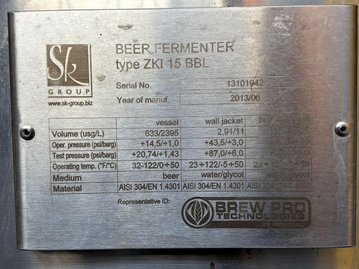 Used Used Prospero SK 15 bbl/ 465 Gal conical jacketed fermenter