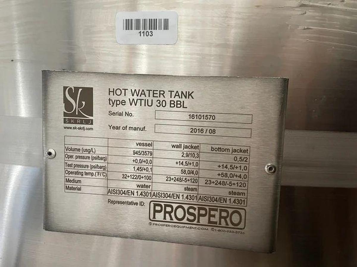 Used Used (New Old Stock) Prospero 30 bbl / 930 gal steam jacketed tank
