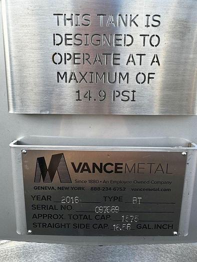 Used Vance Metals 50 bbl/ 1550 Gallon Jacketed Brite Tank