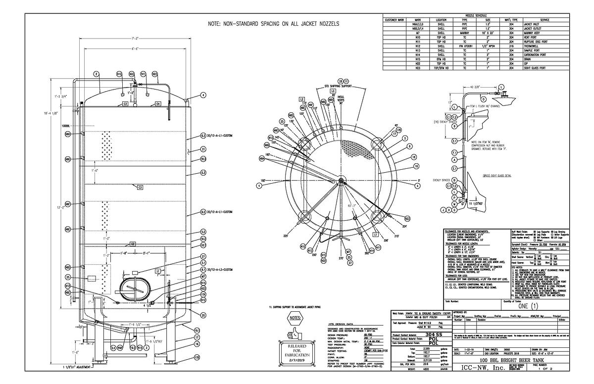Used Used ICC NW 100 bbl / 3600Gross Gal jacketed brite tank / storage vessel