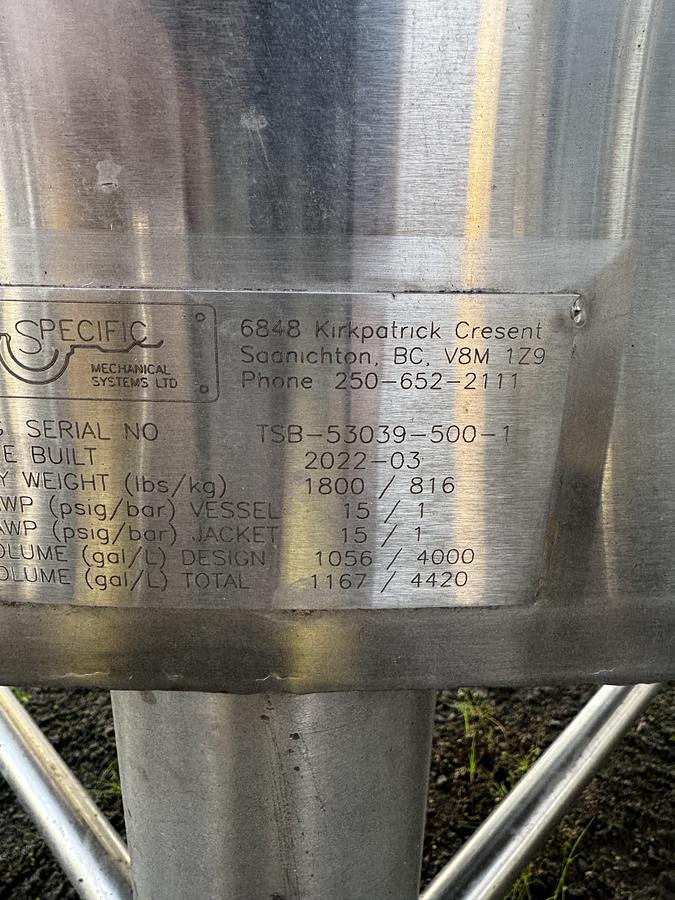 Used (1) Available - Used Specific Mechanical 40hl / 1056 Gal / 33 bbl jacketed brite tank - 2022
