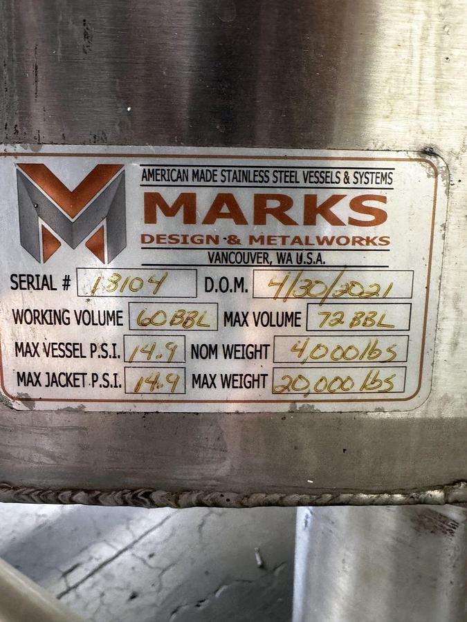 Used (1) Available - Used Marks Fabrication 60 bbl / 1860 Gal Jacketed Brite Tank