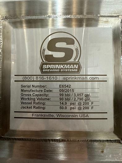 Used Used Sprinkman 90 bbl (Approx 2790 Gal) jacketed brite tank