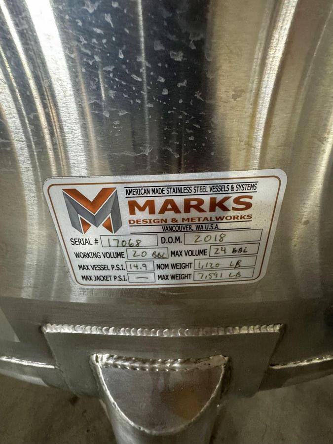 Used (1) Available - Used Marks Fabrication 20 bbl / 620Gal single wall storage/serving tank